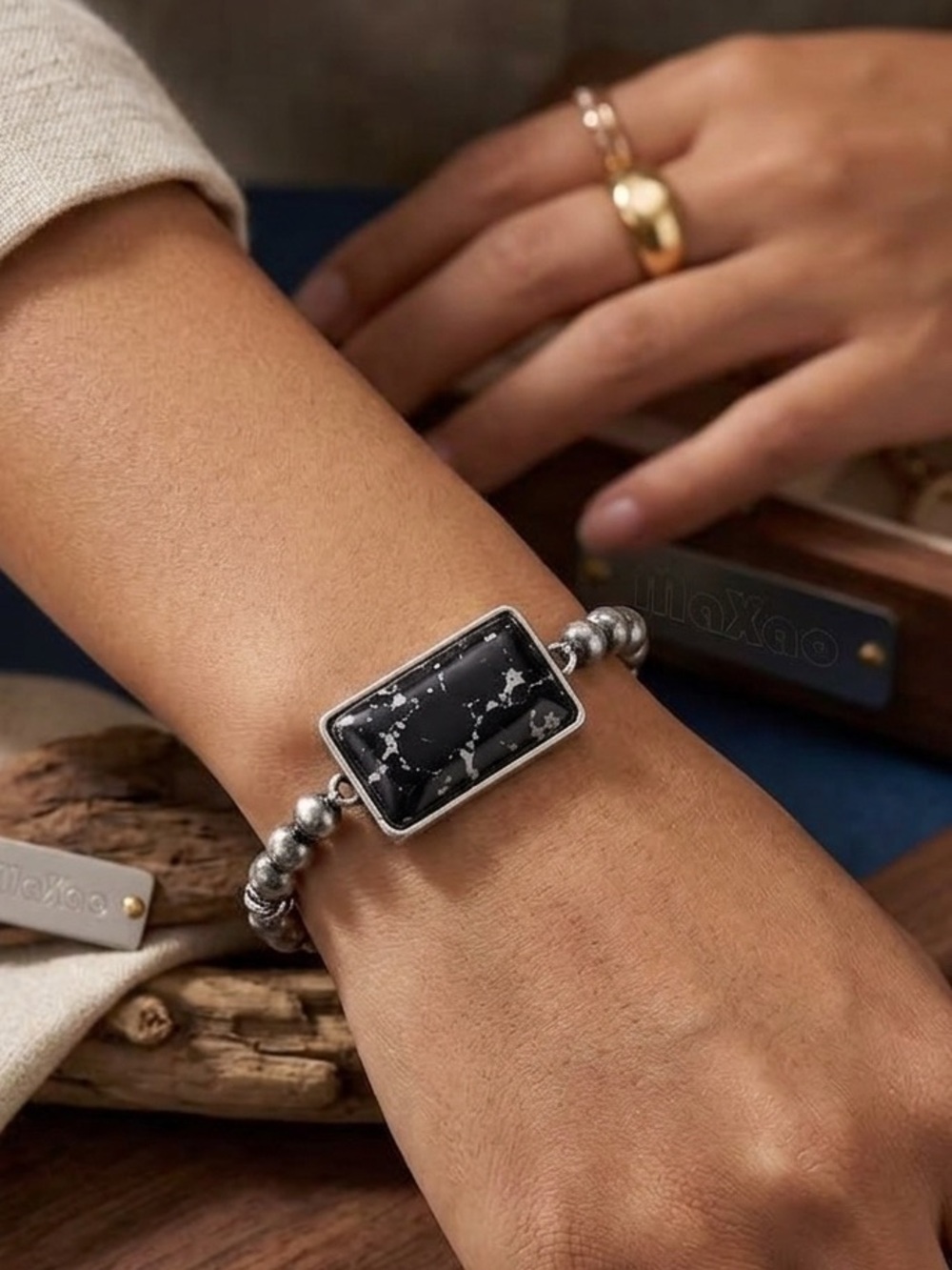 Cowgirl Core Black White Crackle Stone Statement Bracelet • Desert  Boho Western